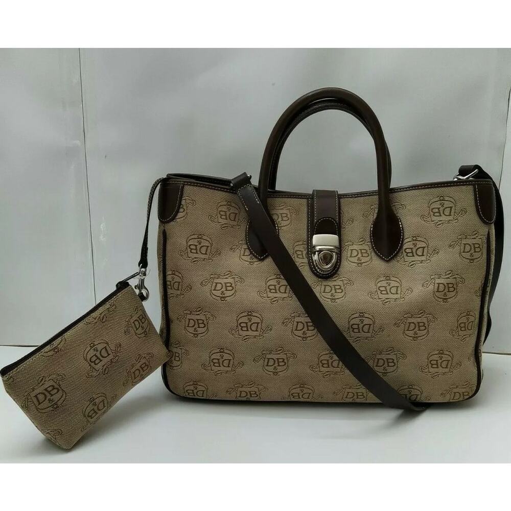 Dooney & Bourke Brown Canvas Leather Trim Double Handles Satchel Bag W/ Wallet